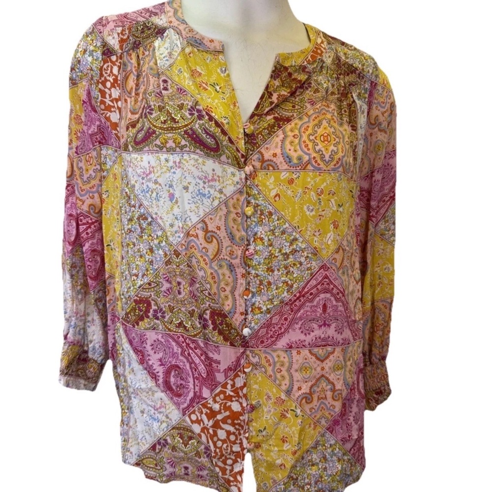 Paisley Patchwork Button-Front Women’s Blouse - Pink & Yellow